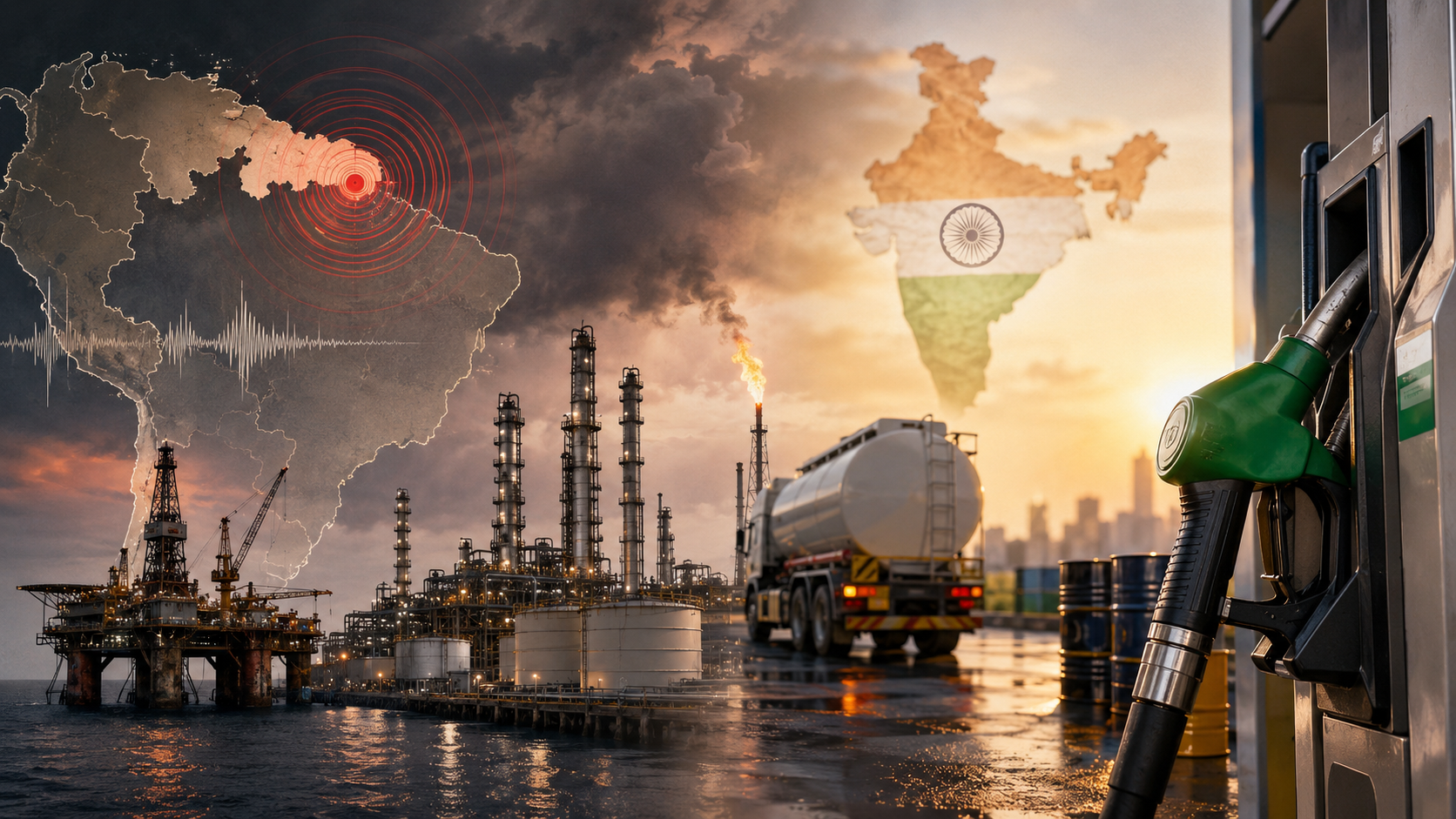 A fuel pump and crude oil barrels representing the impact of global oil disruptions on India’s petrol and diesel prices.